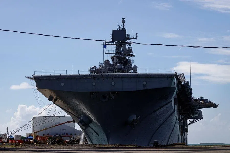 The US Navy amphibious assault ship USS Iwo Jima (LHD-7) is docked in Ponce amid ongoing military movements in Puerto Rico, on 17 December 2025.