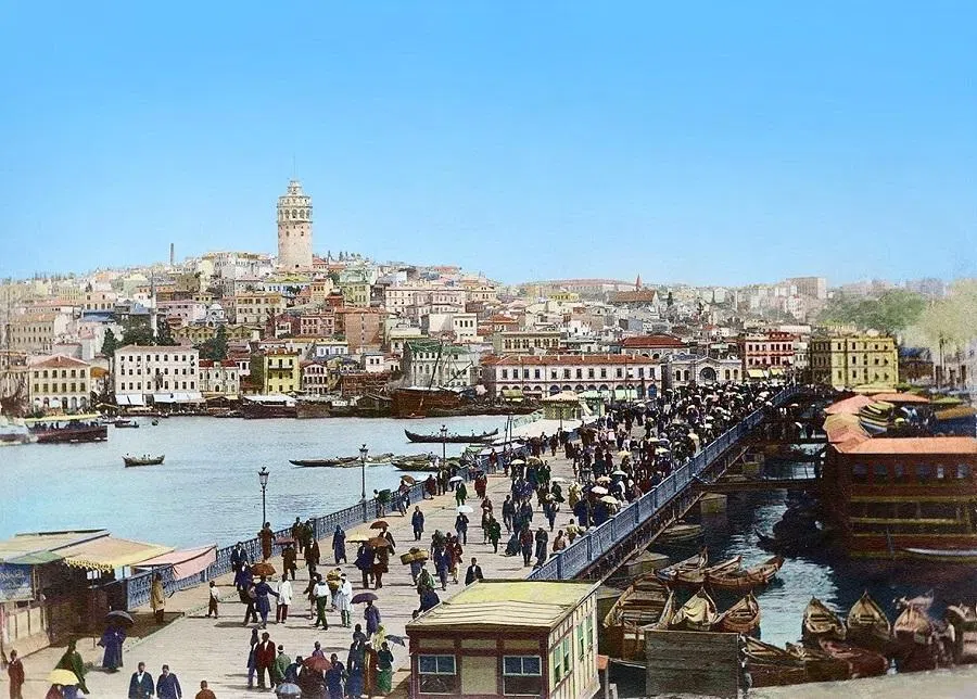 Istanbul, Turkey, in the 1870s, situated at the crossroads of Europe and Asia.