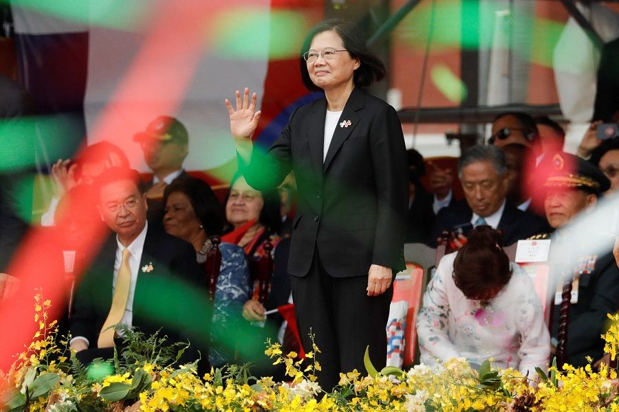Taiwan's President Tsai Ing-wen waves during the Double Tenth Day celebration ceremony in Taipei, Taiwan, on 10 October 2023. (Carlos Garcia Rawlins/Reuters)