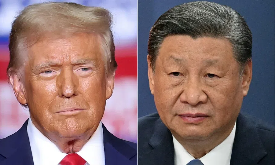 This combination of pictures created on 7 November 2024 shows US President-elect Donald Trump (left) at a campaign rally in Pittsburgh, Pennsylvania on 4 November 2024, and Chinese President Xi Jinping (right) at a press conference in Belgrade, on 8 May 2024.