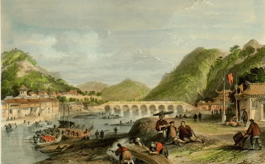 A coloured copperplate engraving by the 19th-century British artist Thomas Allom, depicting Whampoa Island in the lower reaches of the Pearl River in Guangdong, an early trading point for British and French merchant vessels coming to China.