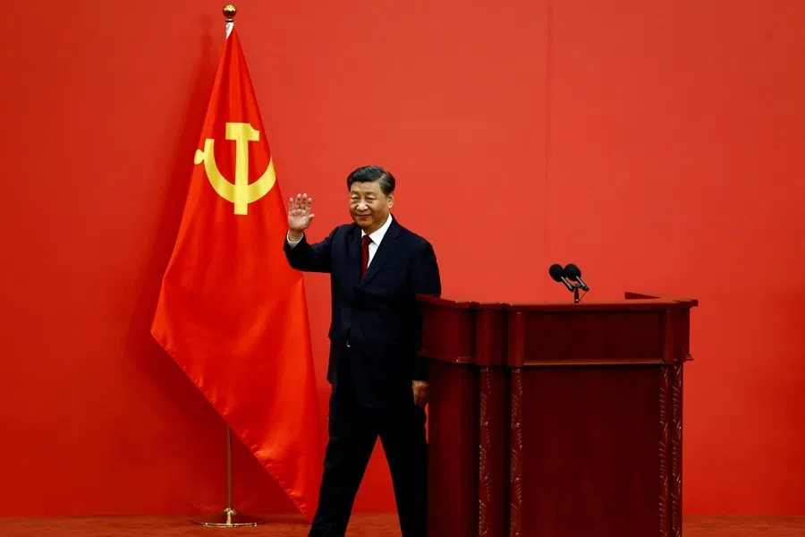 Chinese President Xi Jinping waves after his speech as the new Politburo Standing Committee members meet the media following the 20th National Congress of the Communist Party of China, at the Great Hall of the People in Beijing, China, 23 October 2022.