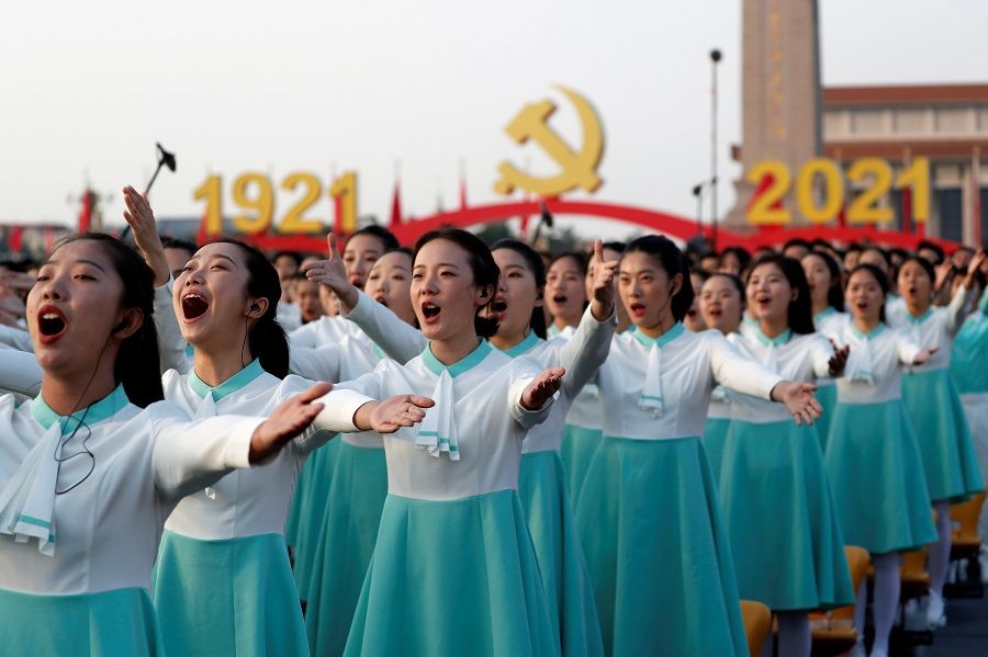 Performers rehearse before the event marking the 100th founding anniversary of the Communist Party of China, at Tiananmen Square in Beijing, China, 1 July 2021. (Carlos Garcia Rawlins/Reuters)