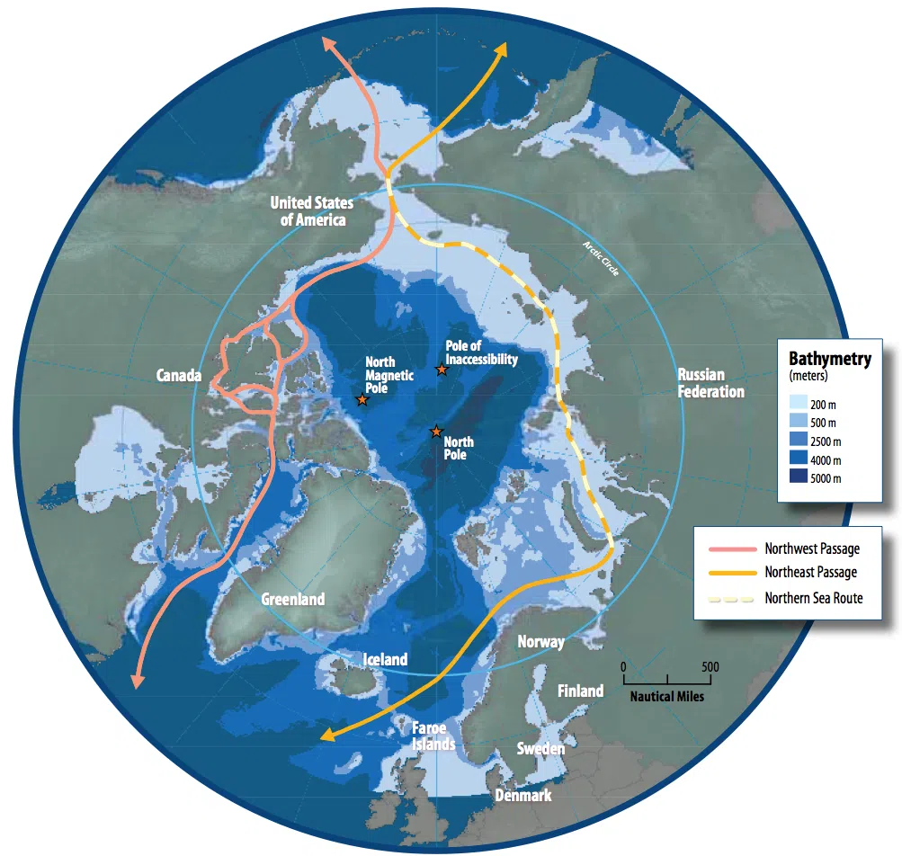Map of the Arctic region showing shipping routes Northeast Passage, Northern Sea Route and Northwest Passage.