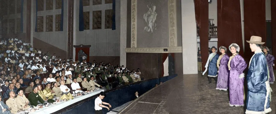 The Dalai Lama and Panchen Lama at a traditional Tibetan cultural performance in Beijing, 1955.