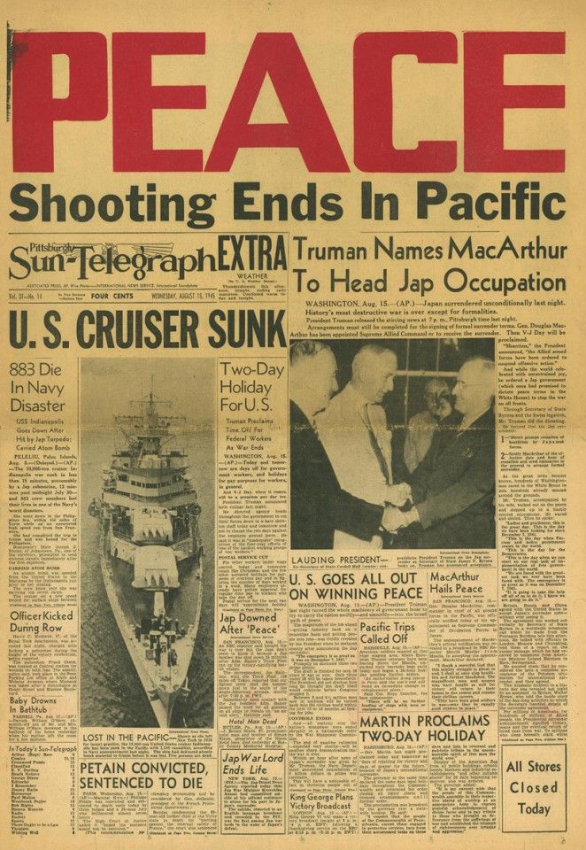 A report in the Pittsburgh Sun-Telegraph on the end of fighting in the Pacific, 15 August 1945, the day of Japan's surrender. The main headline reads "PEACE", while the sub-headline says "Shooting Ends In Pacific".