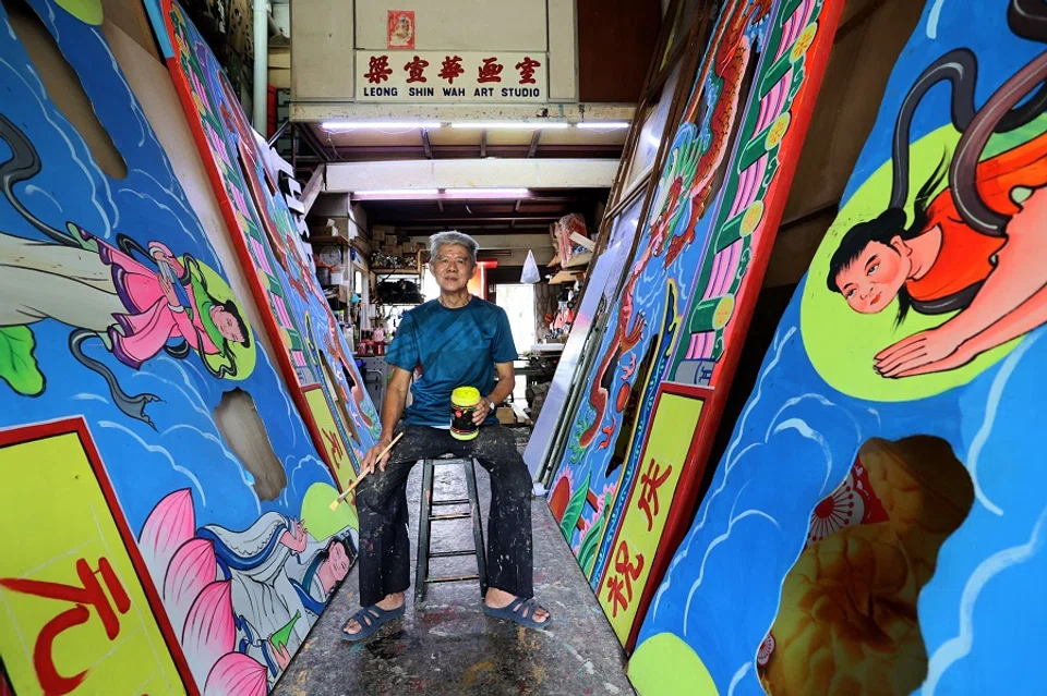 Painter Leong Fong Wah, 70, is perhaps the only remaining craftsman still hand-painting decorative archways and stage backdrops in Singapore. (Long Kwok Hong/SPH Media)