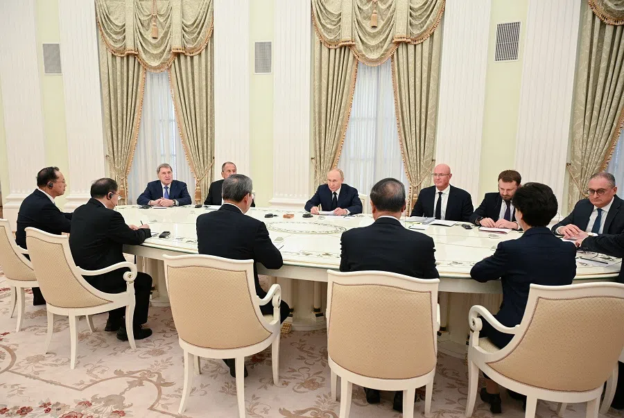 Members of the delegations, led by Russia’s President Vladimir Putin and China’s Premier Li Qiang, attend a meeting in Moscow, Russia, on 21 August 2024. (Sputnik/Alexei Filippov/via Reuters)