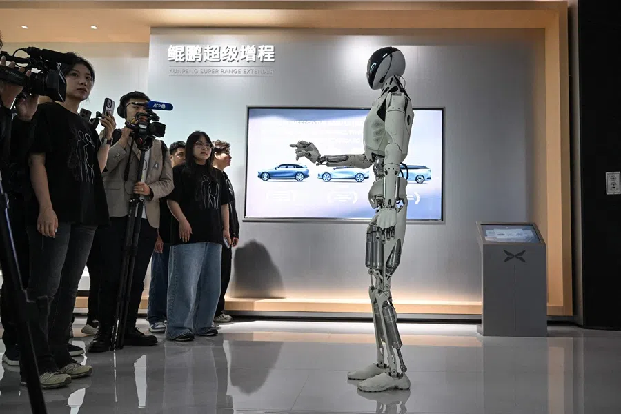 Xpeng’s next-gen IRON humanoid robot speaks to media during a showroom tour at the company’s headquarter in Guangzhou on 5 November 2025.