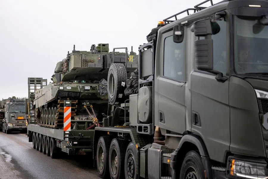 Swedish Leopard main battle tanks are transferred across the border between Finland and Sweden during the arctic military exercise Cold Response 26 in Pello, northern Finland, on 10 March 2026. (Lehtikuva/Jarno Vuorinen via Reuters)