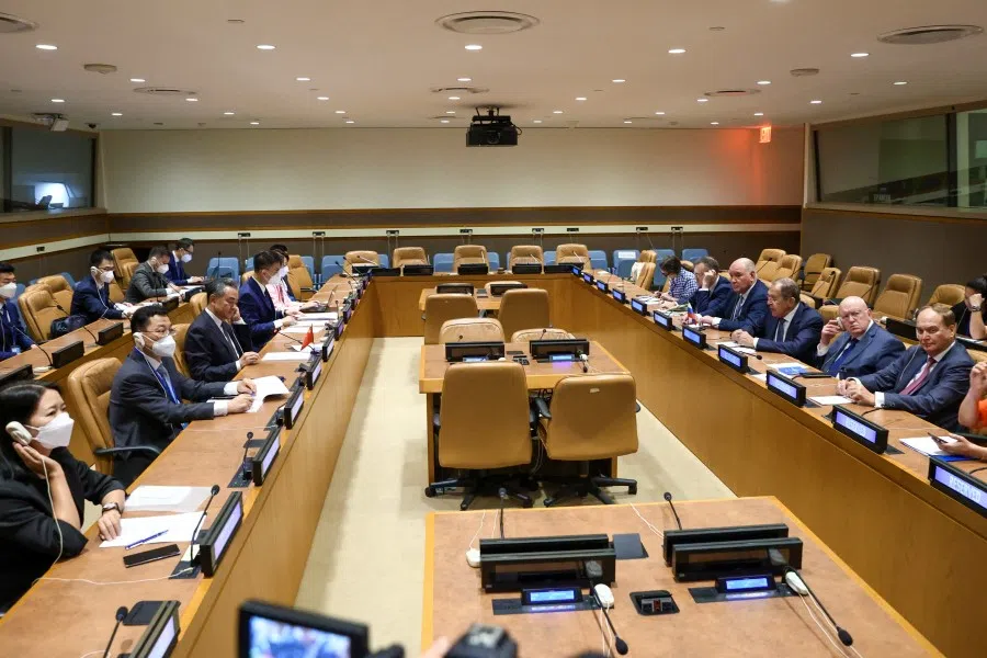 Russia’s Foreign Minister Sergey Lavrov and China’s Foreign Minister Wang Yi attend a meeting on the sidelines of the 77th United Nations General Assembly in New York City, New York, US, 22 September 2022. (Russian Foreign Ministry/Handout via Reuters)