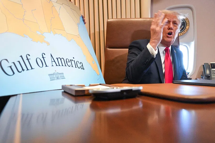 US President Donald Trump speaks to the press before signing a proclamation renaming the Gulf of Mexico as the Gulf of America aboard Air Force One at Palm Beach International Airport in West Palm Beach, Florida, US, on 9 February 2025. (Roberto Schmidt/AFP)