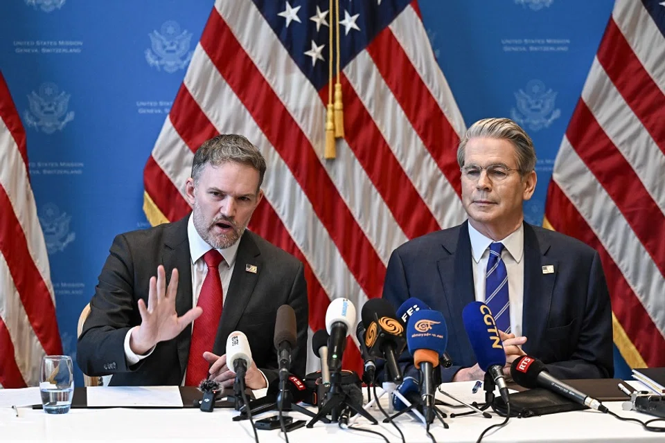 US Treasury Secretary Scott Bessent and US Trade Representative Jamieson Greer hold a news conference in Geneva on 12 May 2025, to give details of “substantial progress” following a two-day closed-door meeting between US and China top officials aimed at ending a devastating tariff war.  (Fabrice Coffrini/AFP)