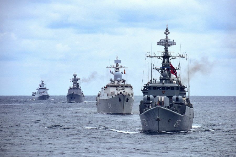 This handout photo taken on 2 December 2021 and released by the Indonesian fleet command Koarmada I on 4 December 2021 shows the ASEAN countries' navy ships off the waters of Andaman during a joint exercise between the Indonesian Navy, the Russian Navy and Association of Southeast Asian Nations (ASEAN) members. (Indonesian Fleet Command Koarmada/AFP)