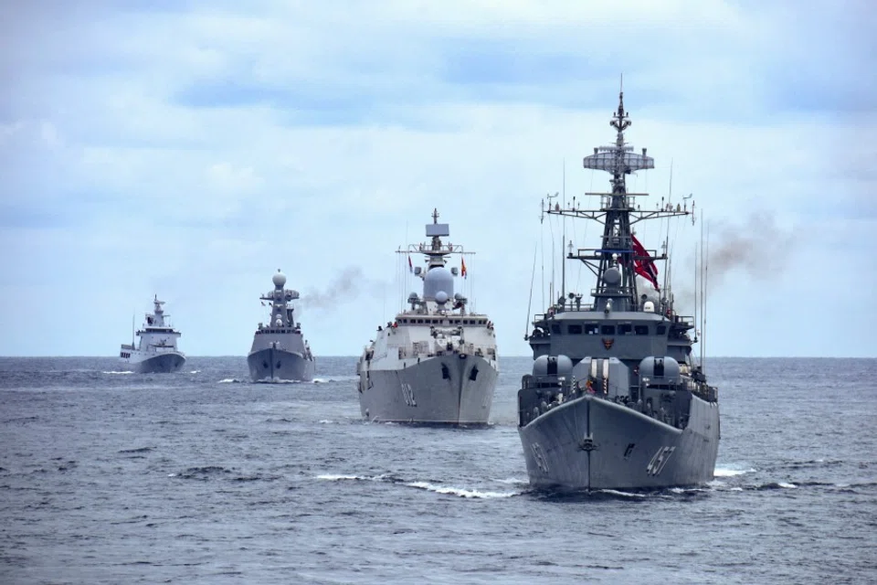 This handout photo taken on 2 December 2021 and released by the Indonesian fleet command Koarmada I on 4 December 2021 shows the ASEAN countries' navy ships off the waters of Andaman during a joint exercise between the Indonesian Navy, the Russian Navy and Association of Southeast Asian Nations (ASEAN) members. (Indonesian Fleet Command Koarmada/AFP)