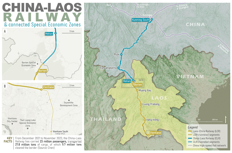 The China-Laos Railway route with its key features. (Map produced by Shaun Hoang)