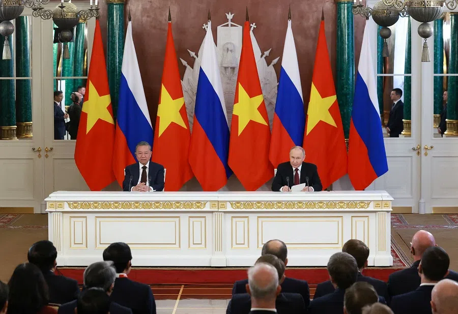 Russia’s President Vladimir Putin and Vietnam’s Communist Party General Secretary To Lam attend a signing ceremony following a meeting in Moscow, Russia, on 10 May 2025. (Anton Vaganov/Reuters)