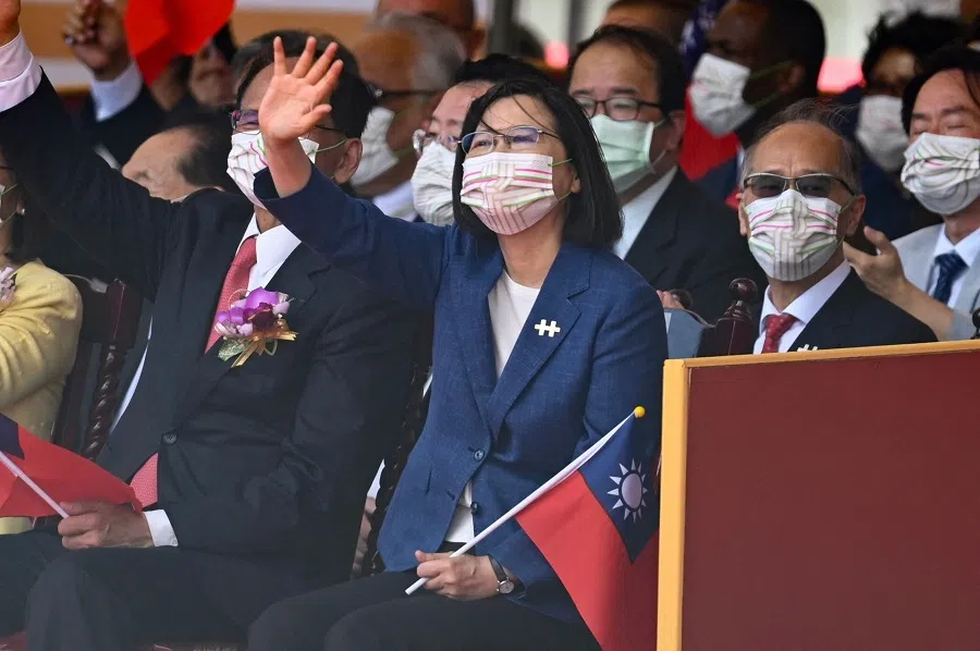 Taiwan President Tsai Ing-wen waves during Double Tenth Day celebrations in front of the Presidential Office in Taipei, Taiwan, on 10 October 2021. (Sam Yeh/AFP)