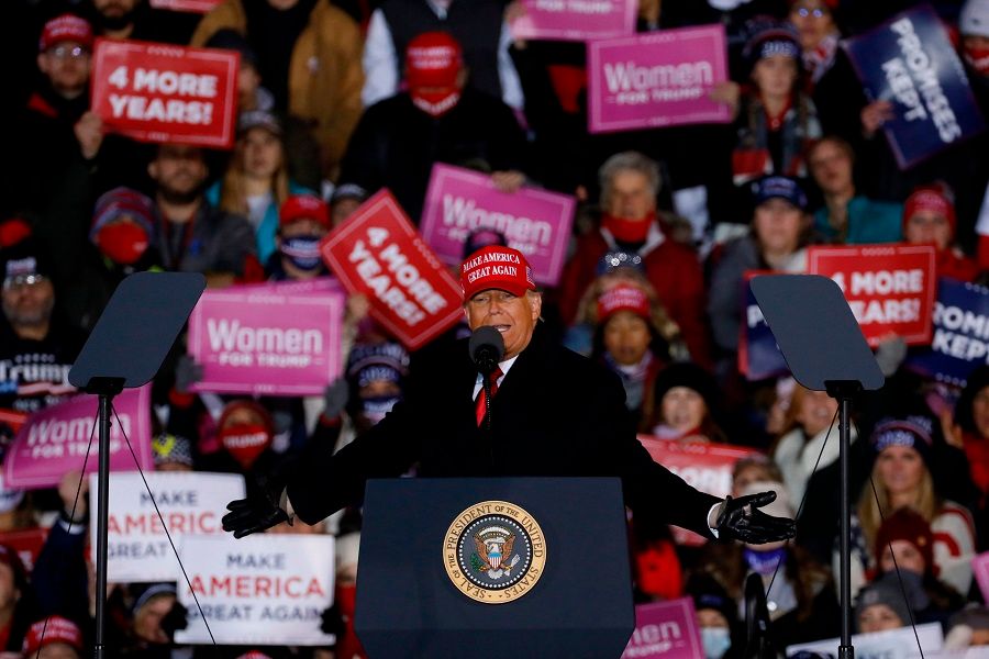 US President Donald Trump speaks during his final Make America Great Again rally of the 2020 US Presidential campaign at Gerald R. Ford International Airport on 2 November 2020, in Grand Rapids, Michigan. (Jeff Kowalsky/AFP)