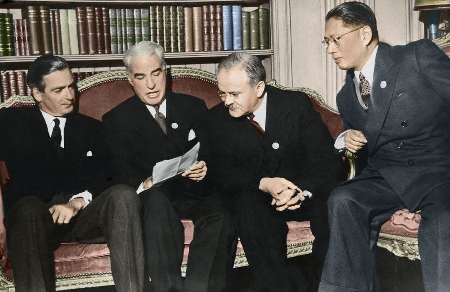12 May 1945, San Francisco - During the meeting of the UN Conference on International Organization (UNCIO), delegates of four countries who would serve and sit on the UN Security Council look over a document: (from left) British Secretary of State for Foreign Affairs Robert Anthony Eden, US Secretary of State Edward R. Stettinius, Jr, Soviet Minister of Foreign Affairs Vycheslav M. Molotov and Chinese Minister of Foreign Affairs Soong Tzu-wen.