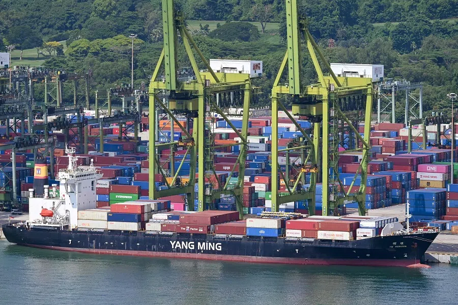  A vessel is docked next to stacks of containers at Pulau Brani port terminal in Singapore on 3 July 2024. (Roslan Rahman/AFP)