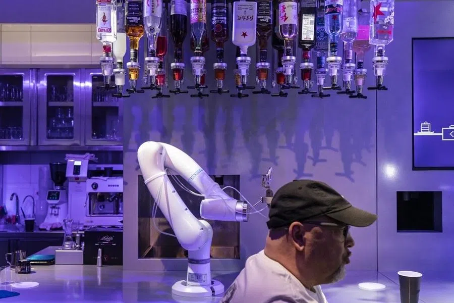 A robotic arm trained to mix drinks at the Robot Restaurant in the E-Town tech hub in Beijing, China, on 29 May 2026.