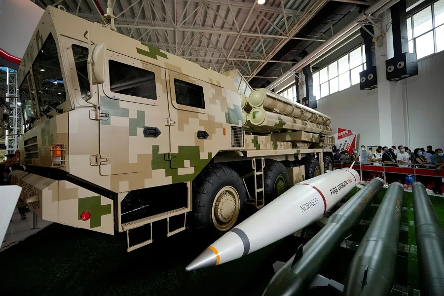 A display of AR3 multiple-launch rocket system is seen at the China International Aviation and Aerospace Exhibition, or Airshow China, in Zhuhai, Guangdong province, China, 29 September 2021. (Aly Song/Reuters)