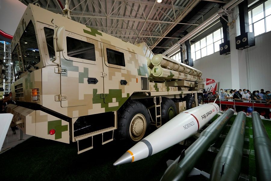 A display of AR3 multiple-launch rocket system is seen at the China International Aviation and Aerospace Exhibition, or Airshow China, in Zhuhai, Guangdong province, China, 29 September 2021. (Aly Song/Reuters)