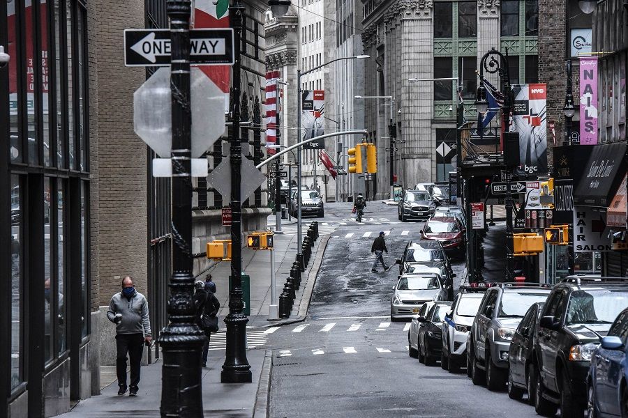 This photo taken on 30 April 2020 shows a street in the financial district of New York City. (Stephanie Keith/Getty Images/AFP)