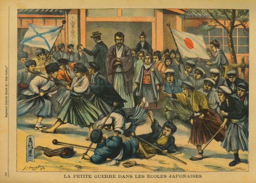 A primary school teacher divides his students into two sides representing the Russians and Japanese fighting, as distinguished by different hats. While they hold rounded sticks to prevent injury, in their young minds, this is not a game, particularly for the boys wearing the Japanese hats, who fight extra hard as they carry the pride of the country. The "Japanese soldier" in the centre has been tripped after throwing down two "Russians", while three "Japanese" fearlessly rush into the enemy. Psychologically, such fights were happening on the front line as well, just on a larger scale and with lethal weapons. This war started patriotic education in Japan, and hostility toward enemies.