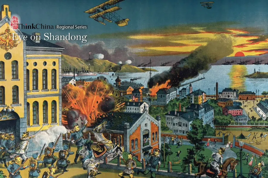 In 1914, when the First World War broke out, Japanese troops attacked the German concession in Qingdao, Shandong province. This is a Japanese lithograph depicting the war.
