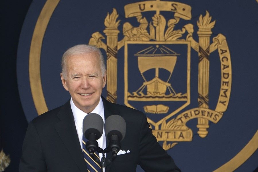 US President Joe Biden delivers the commencement address during the graduation and commissioning ceremony at the US Naval Academy Memorial Stadium on 27 May 2022 in Annapolis, Maryland. (Chip Somodevilla/Getty Images/AFP)