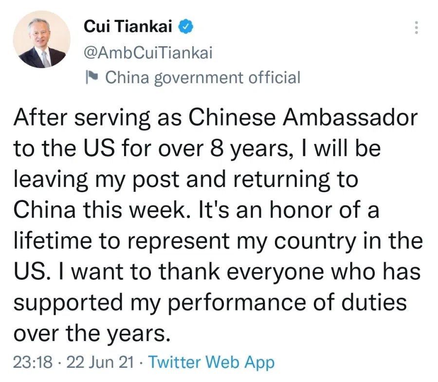 The tweet by Cui Tiankai announcing his departure as Chinese ambassador to the US. (Twitter/AmbCuiTiankai)