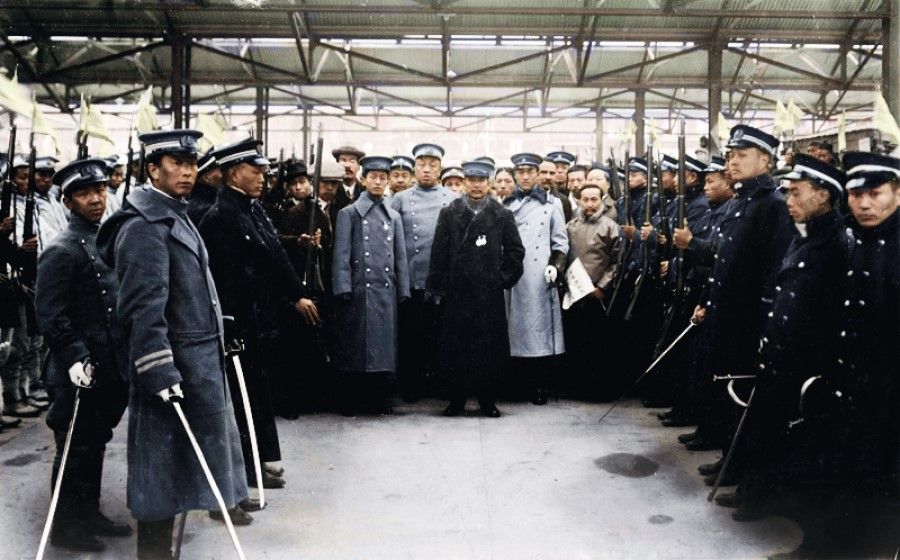 Following the Wuchang uprising, the various provinces were liberated, and 1 January 1912 marked the start of the Republic of China. This photograph shows Sun Yat-sen (centre, in dark coat) with his entourage at the Shanghai North railway station, waiting to board the train to Nanjing to be installed as provisional president. Imperial rule ended in China, and Asia's first republic was established.