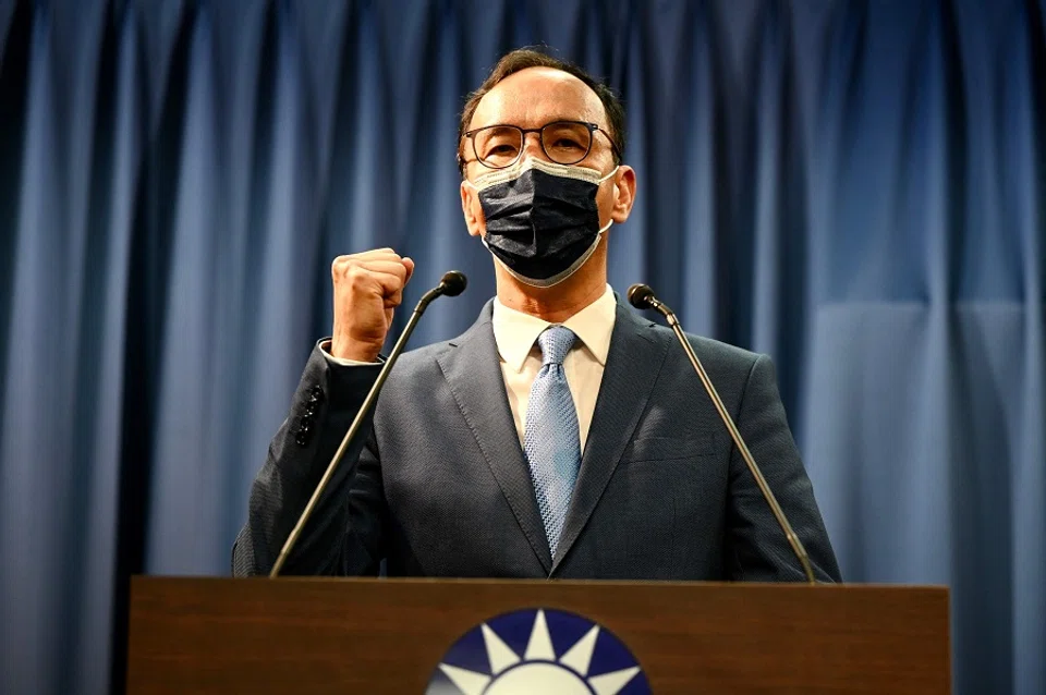 Eric Chu, Taiwan's newly-elected main opposition Kuomintang (KMT) chairman, gestures on the podium following his election victory for the party's leadership at the KMT headquarters in Taipei, Taiwan, on 25 September 2021. (Sam Yeh/AFP)