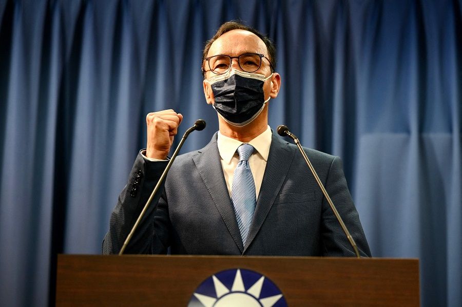 Eric Chu, Taiwan's newly-elected main opposition Kuomintang (KMT) chairman, gestures on the podium following his election victory for the party's leadership at the KMT headquarters in Taipei, Taiwan, on 25 September 2021. (Sam Yeh/AFP)