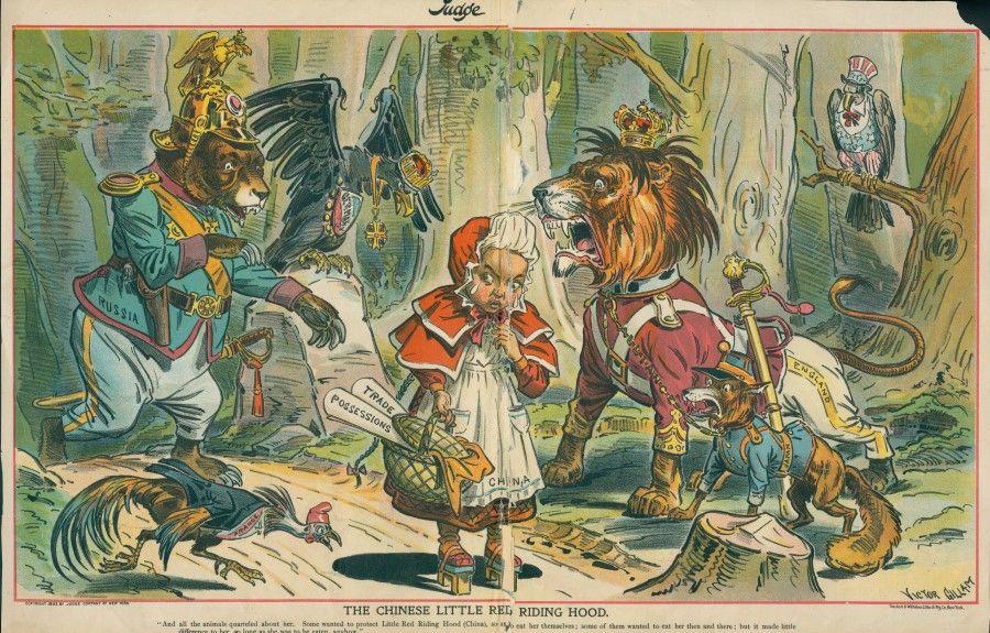 An illustration in Judge magazine, 1880s, depicting China as Little Red Riding Hood surrounded and oppressed by fierce wild animals symbolising colonialism.