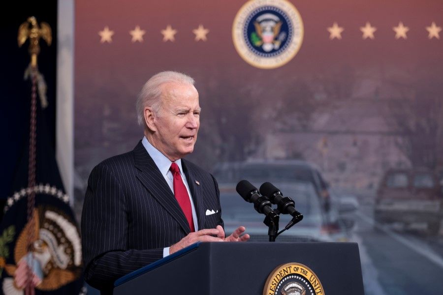 US President Joe Biden speaks in the Eisenhower Executive Office Building in Washington, DC, US, on 23 November 2021. (Oliver Contreras/Bloomberg)