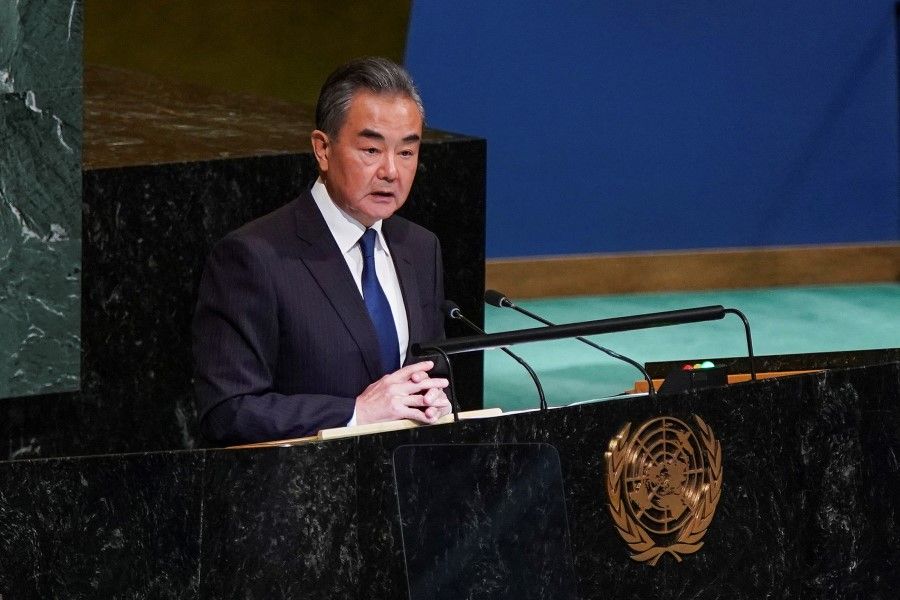Chinese State Councilor and Foreign Minister Wang Yi addresses the 77th Session of the United Nations General Assembly at UN Headquarters in New York City, US, 24 September 2022. (Eduardo Munoz/Reuters)