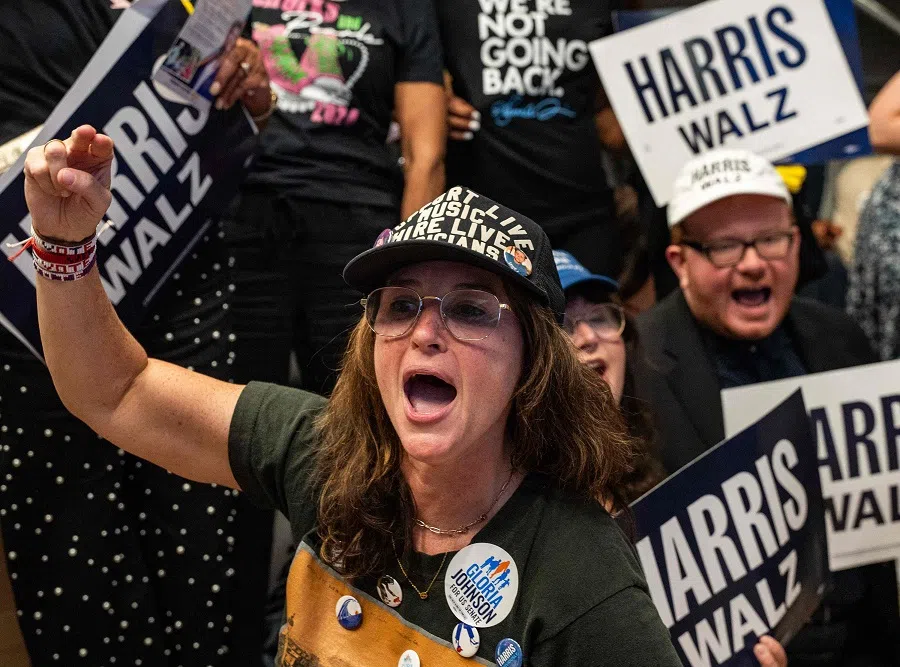 A woman reacts as supporters of Vice President and Democratic presidential candidate Kamala Harris attend a watch party during the US Presidential debate between Harris and former US President and Republican presidential candidate Donald Trump in Nashville, Tennessee, US, on 10 September 2024.