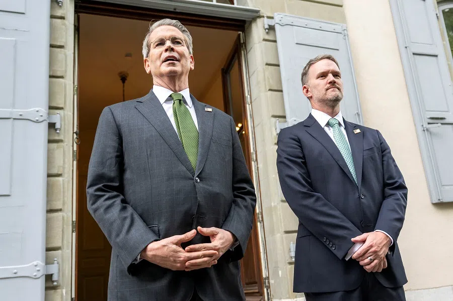 US Secretary of the Treasury Scott Bessent and US Trade Representative Jamieson Greer address the media after trade talks with China in Geneva, Switzerland, 11 May 2025. (Keystone/EDA/Martial Trezzini/Handout via Reuters)