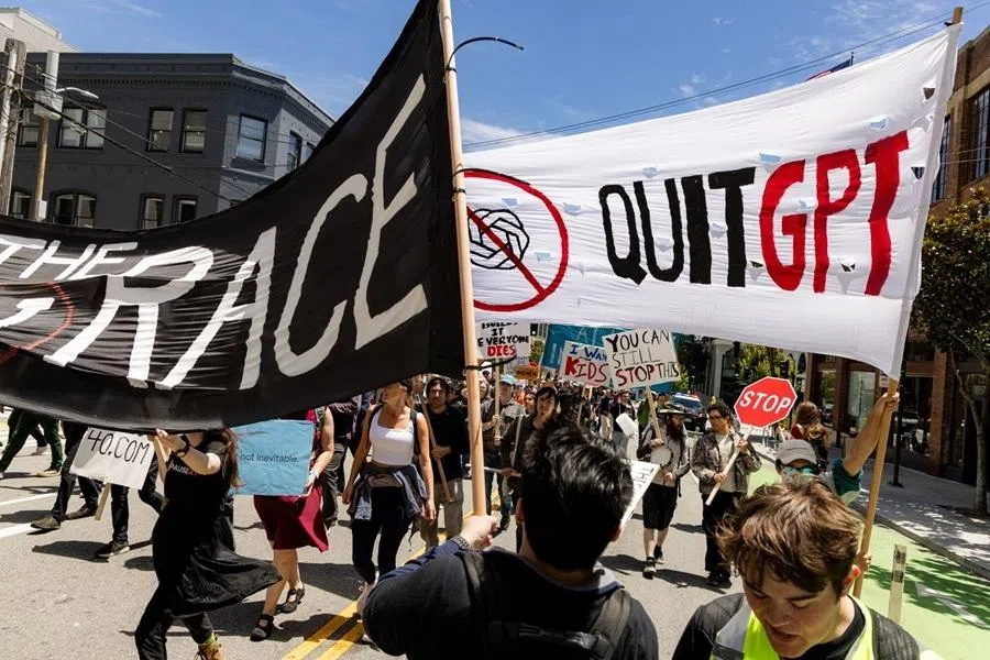 Demonstrators march during a protest against artificial intelligence (AI) in San Francisco, California, US, on 11 July 2026.
