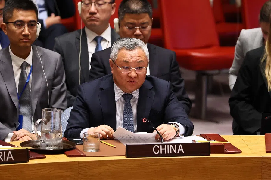 Fu Cong, China’s permanent representative to the UN, speaks during a UN Security Council meeting on threats to international peace and security at the United Nations Headquarters on 13 June 2025 in New York City. Iran called for an emergency UN Security Council meeting to try and hold Israel accountable for its attack across Iran, which killed at least 86 people and injured over 300. Iran has begun its retaliation by firing ballistic missiles and drones at Israel. (Michael M. Santiago/AFP)