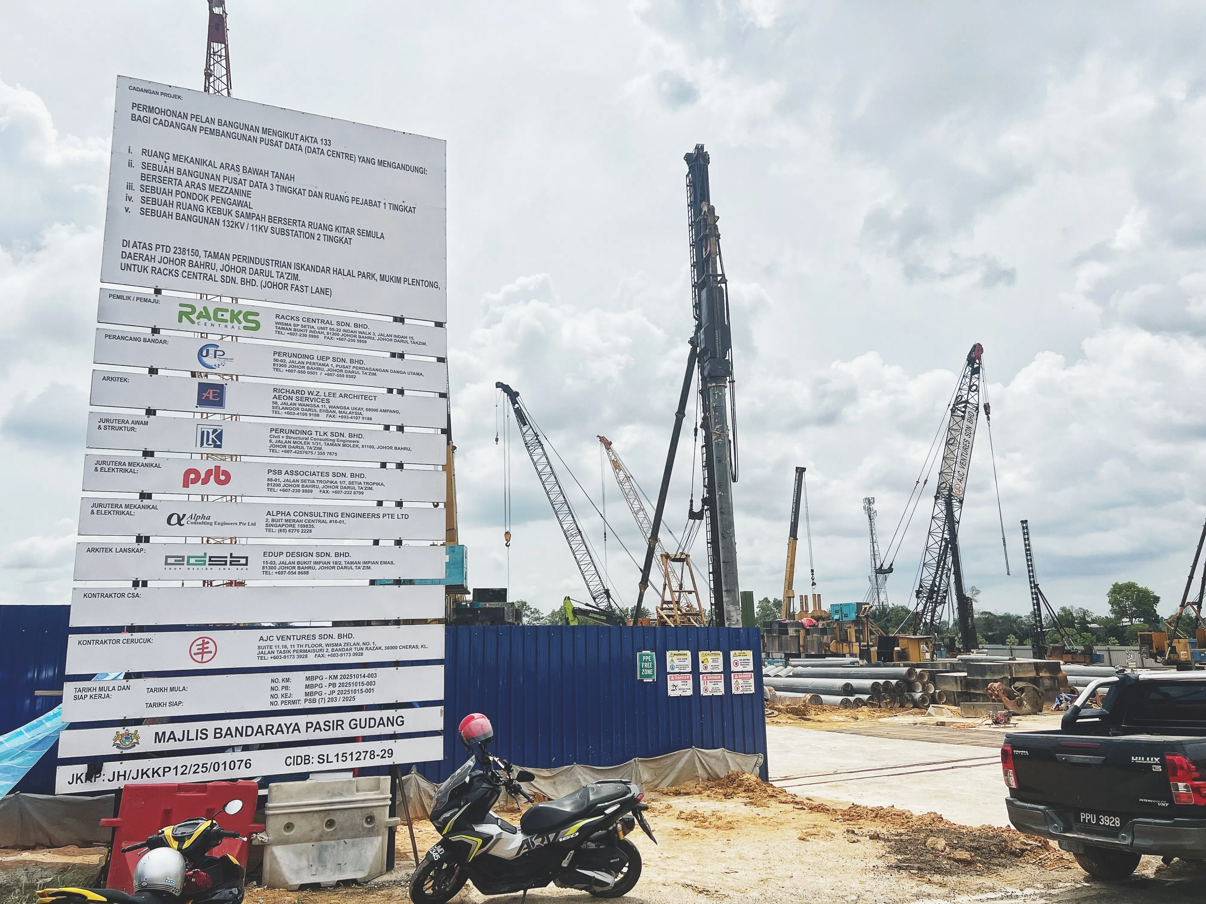 Singapore-based Racks Central’s construction site of a data centre at Iskandar Halal Park in Pasir Gudang, Johor. It is building three data centres on two plots of land spanning roughly the size of ten football fields.