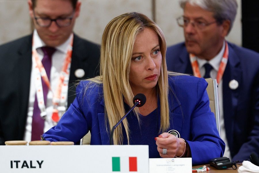 Italy's Prime Minister Giorgia Meloni attends a session at the G20 summit in New Delhi, India, on 9 September 2023. (Evelyn Hockstein/Pool/AFP)