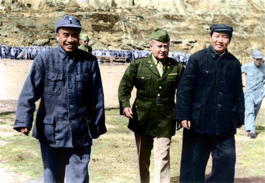 In November 1944, the year before the war was won, the US army sent the Dixie Mission to Yan'an to make contact with the CCP. The photo shows Dixie Mission head David D. Barrett with Mao Zedong and Zhu De. Near the end of the war, the US wanted to step up cooperation with the CCP, and was looking into providing troop support for the CCP to ramp up capabilities against Japan. Despite unhappiness from Chiang Kai-shek, on 22 July 1944, the Dixie Mission arrived in Yan'an. The delegation was led by Barrett and included the second secretary of the American Embassy John Stewart Service.