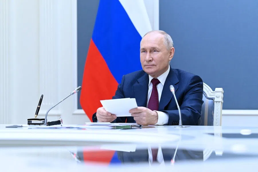 Russian President Vladimir Putin attends a summit of leaders of the Shanghai Cooperation Organisation (SCO) via a video conference call at the Kremlin in Moscow, Russia, 4 July 2023. (Alexander Kazakov/Sputnik/Kremlin via Reuters)