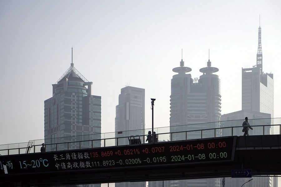 An electronic ticker displays stock figures in Pudong's Lujiazui Financial District in Shanghai, China, on 9 January 2024. (Qilai Shen/Bloomberg)