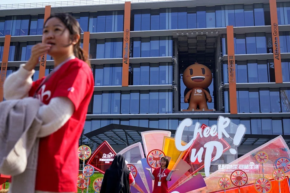 The Alibaba Group logo is seen during the company's 11.11 Singles' Day global shopping festival at their headquarters in Hangzhou, Zhejiang province, China, on 11 November 2020. (Aly Song/Reuters)