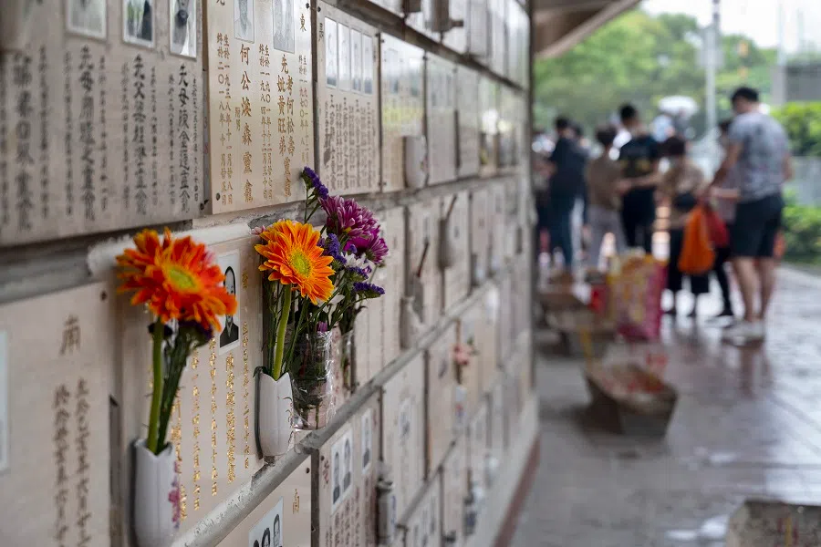 A columbarium during the Qingming Festival in Hong Kong.